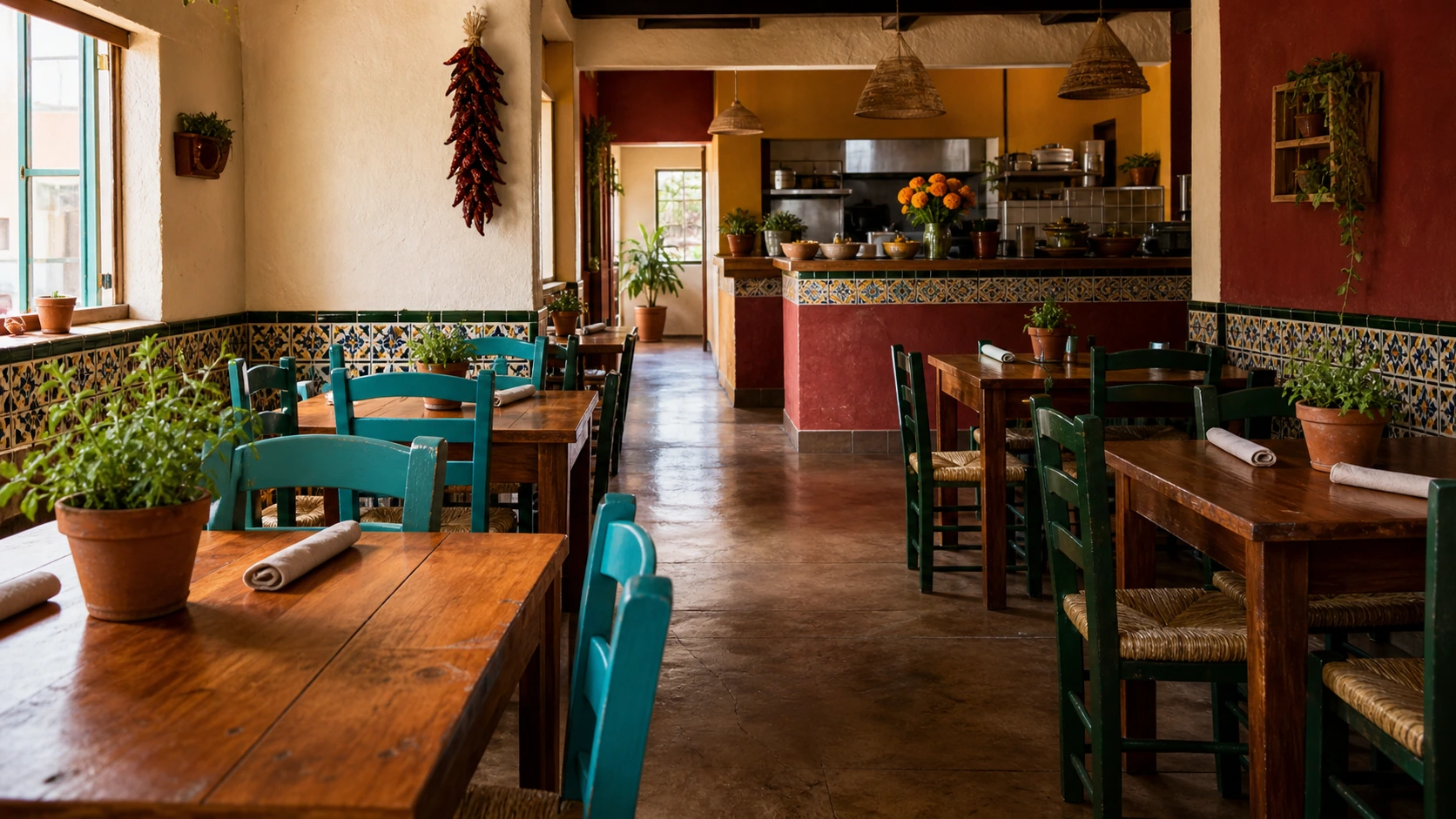 Warm fictional taqueria interior with bright tile, a wood counter, woven chairs, and sunlight across an empty communal table.