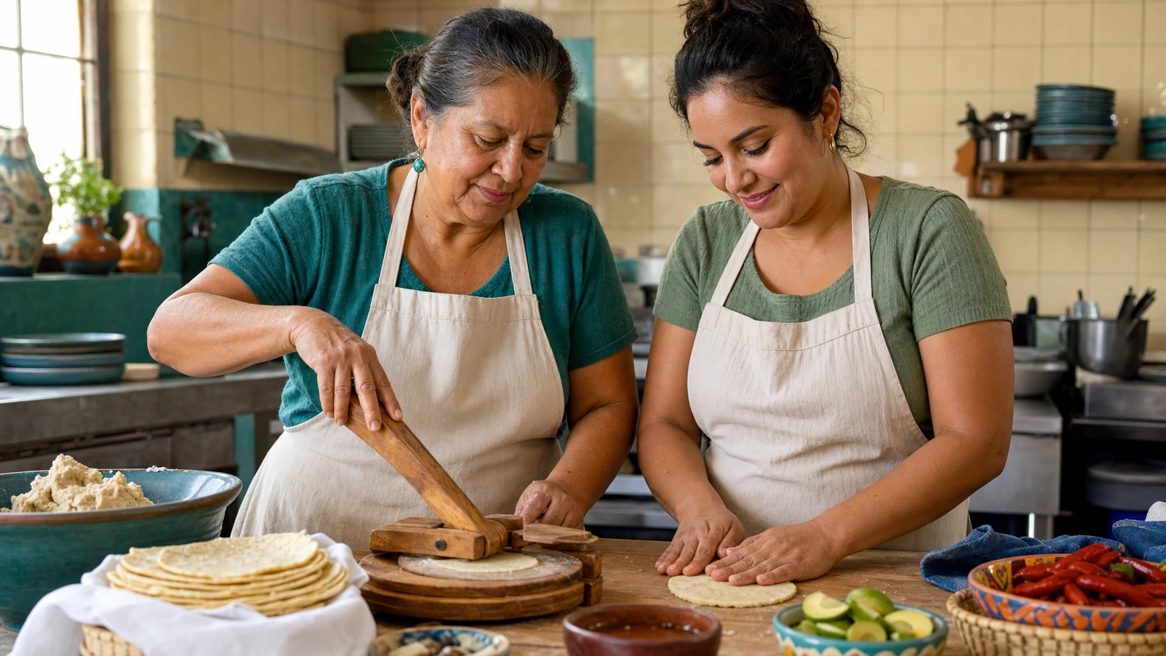 Fictional process photograph of two adult women, a mother and daughter, using a wooden tortilla press and shaping masa together in a bright kitchen.