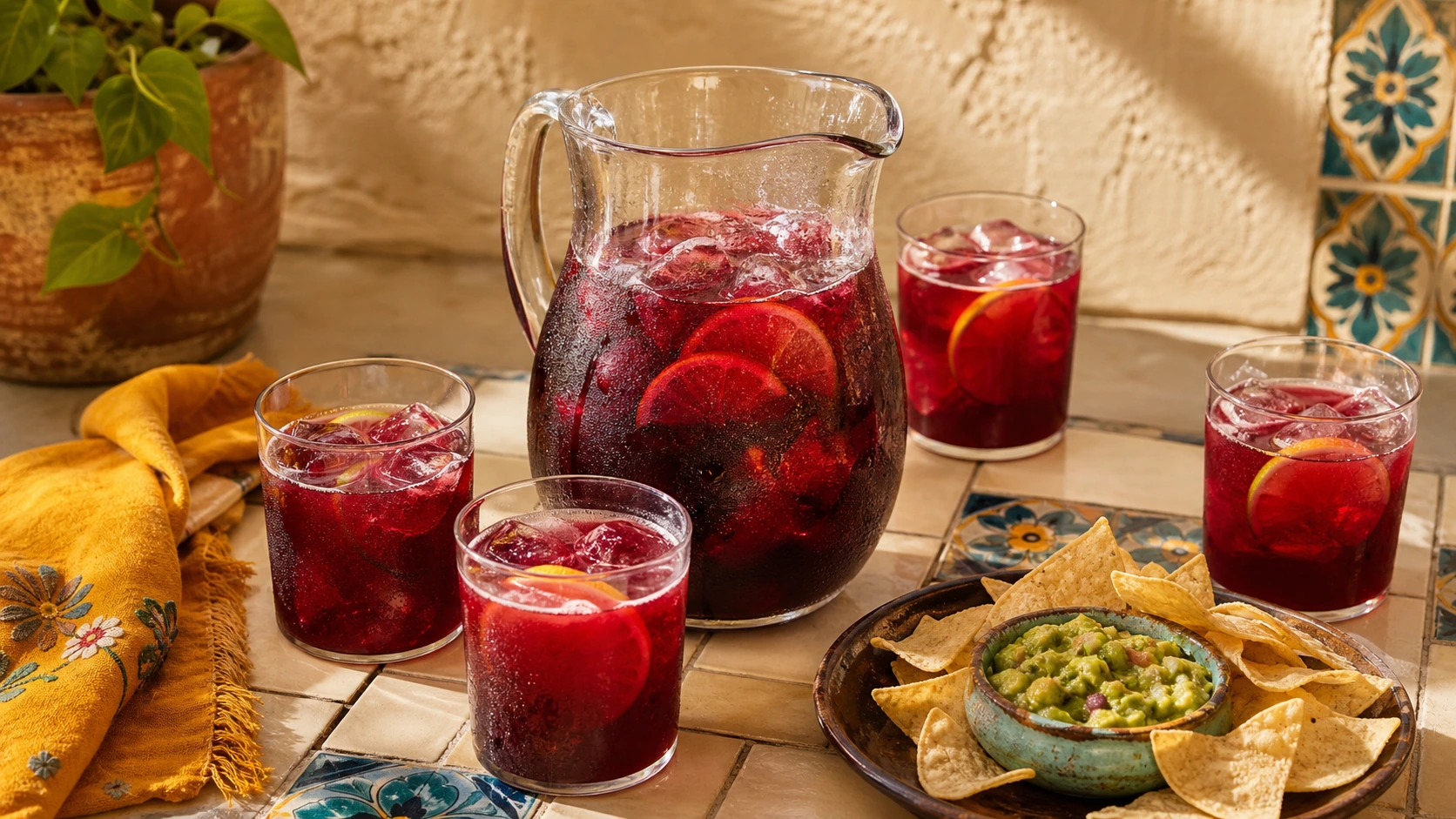 Fictional side-and-sip detail showing a pitcher of hibiscus agua fresca with four glasses, citrus, tortilla chips, and avocado salsa on a tiled table.