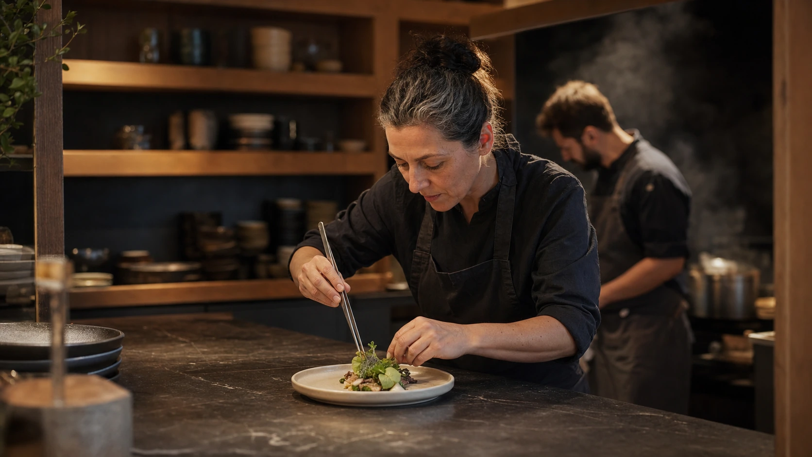 Fictional chef finishing a seasonal plate at an open kitchen counter