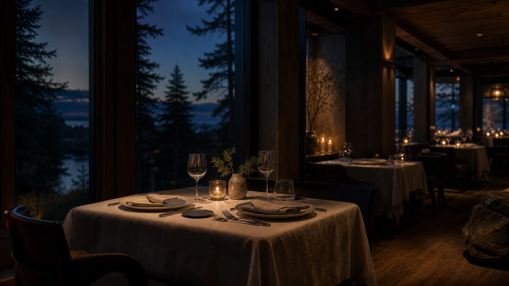 Candlelit Vesper and Pine dining room prepared for a fictional evening service