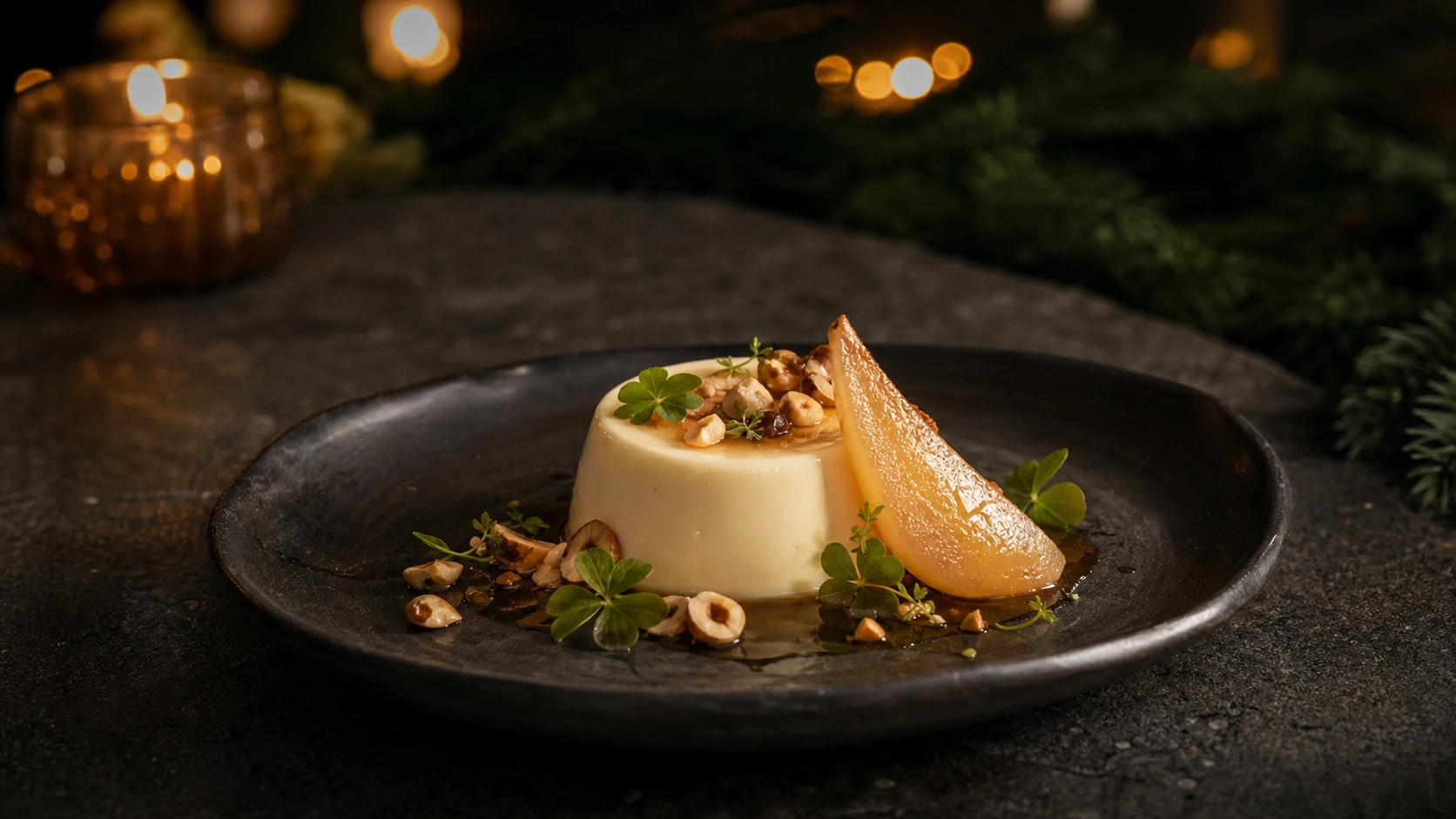 Fictional fir-tip honey panna cotta with poached pear, hazelnut, and wood sorrel