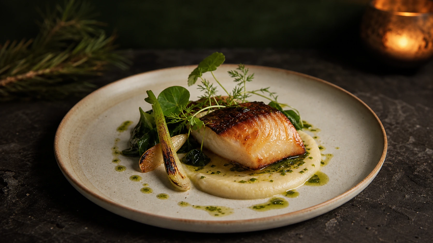 Fictional cedar-roasted black cod with parsnip, charred spring onion, and herb oil